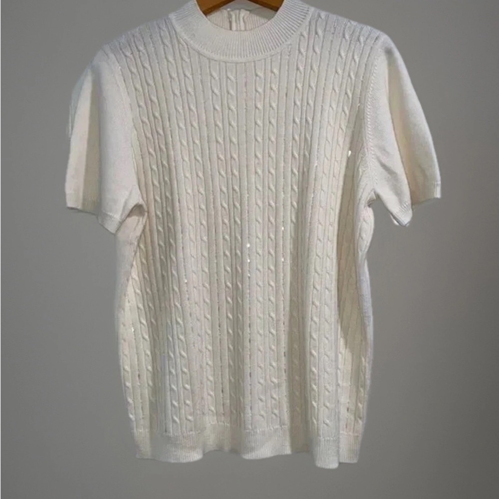 Alfred Dunner Sweater Large Cable Knit Beaded Sequins S/S Ecru ~ Beautiful!!